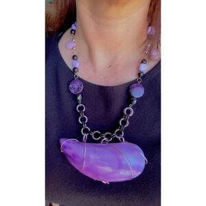 Handmade Iridescent Purple Abalone Shell Boho Statement Necklace Magnetic Clasp